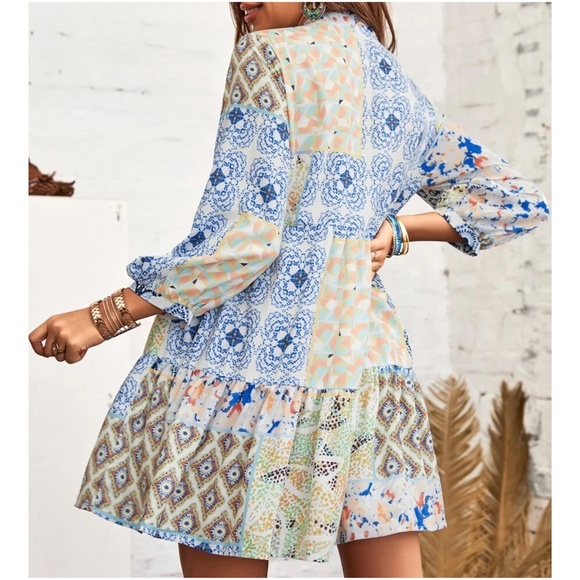 Boho Floral Print Pastel Ruffle Mini Dress - Picture 4 of 4